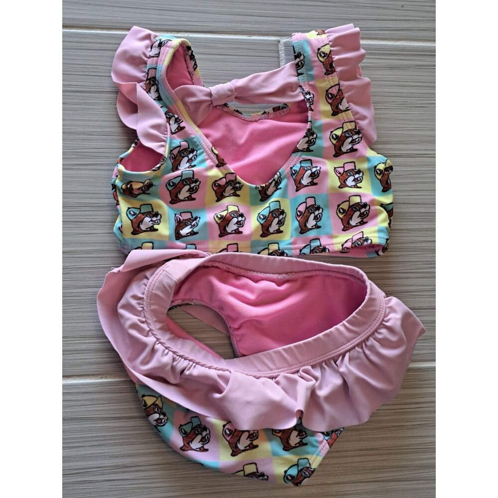 Buc-ees Toddler Girls 2T Two-Piece Ruffle Bikini Swim Set Cartoon Beaver Pink - Picture 4 of 6